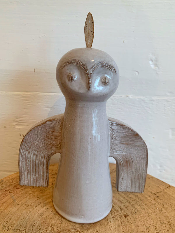 Stoneware shiny scratched design white Owl Protector