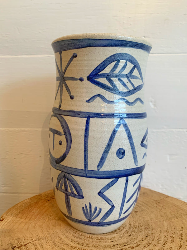 Shiny white and cobalt stoneware nature vase