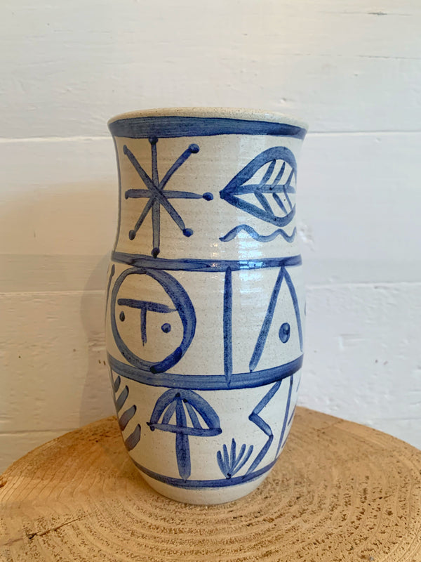Shiny white and cobalt stoneware nature vase