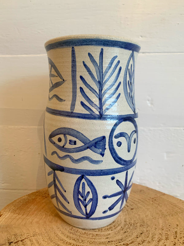Shiny white and cobalt stoneware nature vase