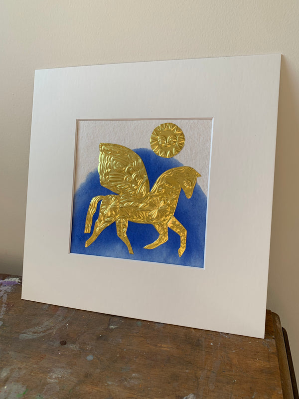 Gold Pegasus Blue Wash background