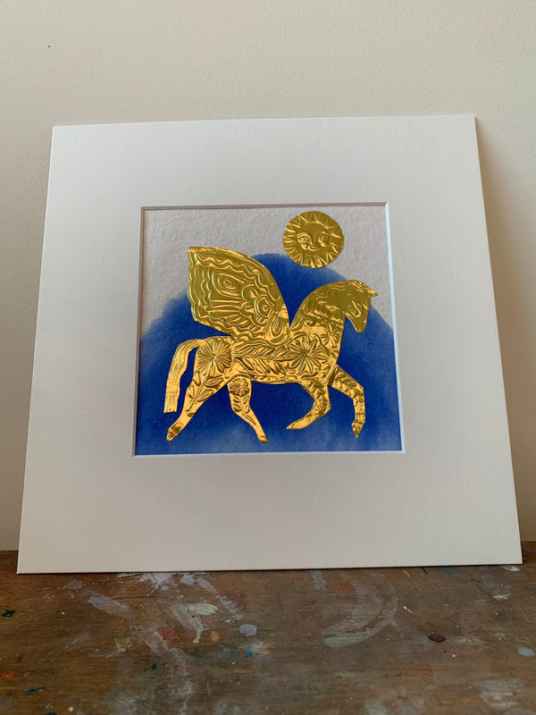 Gold Pegasus Blue Wash background